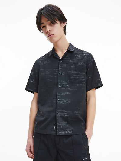 Calvin Klein Ruhák HU364590 | Calvin Klein All-Over Printed Short Sleeve Férfi Ing Fekete